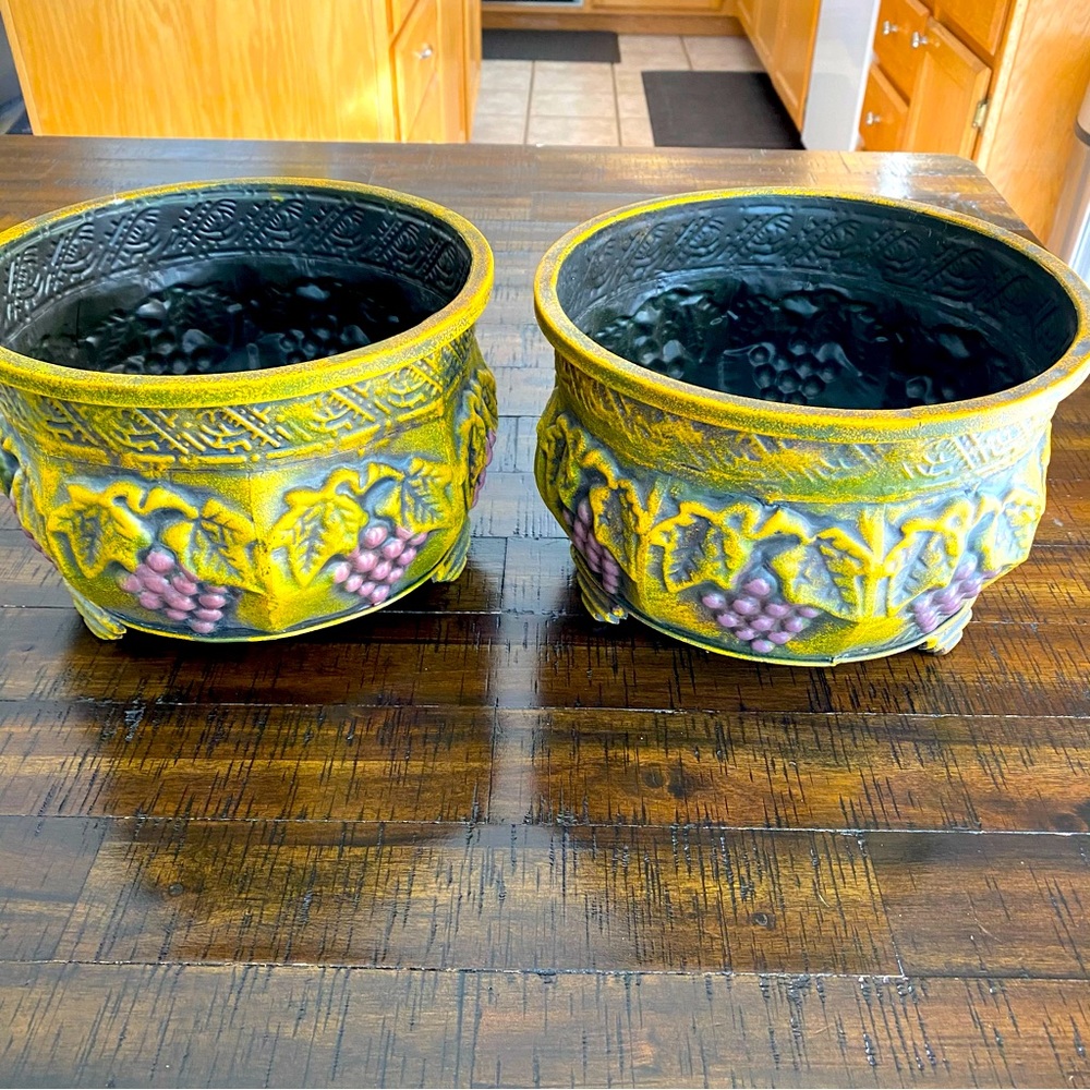 Medium Vintage Painted Footed Tin Planter Repousse Grape and Leaf Motif